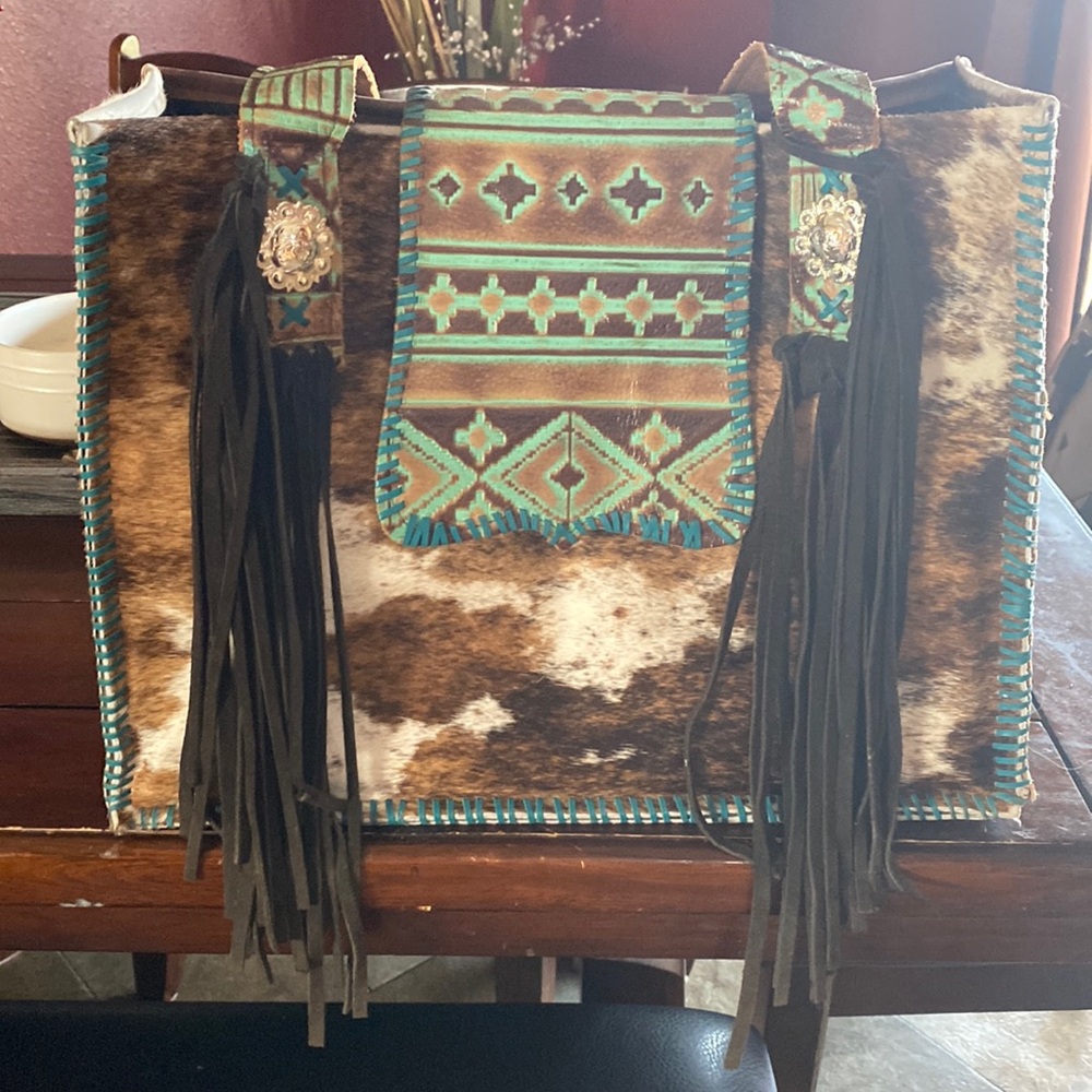 Cowhide leather fringe diaper bag